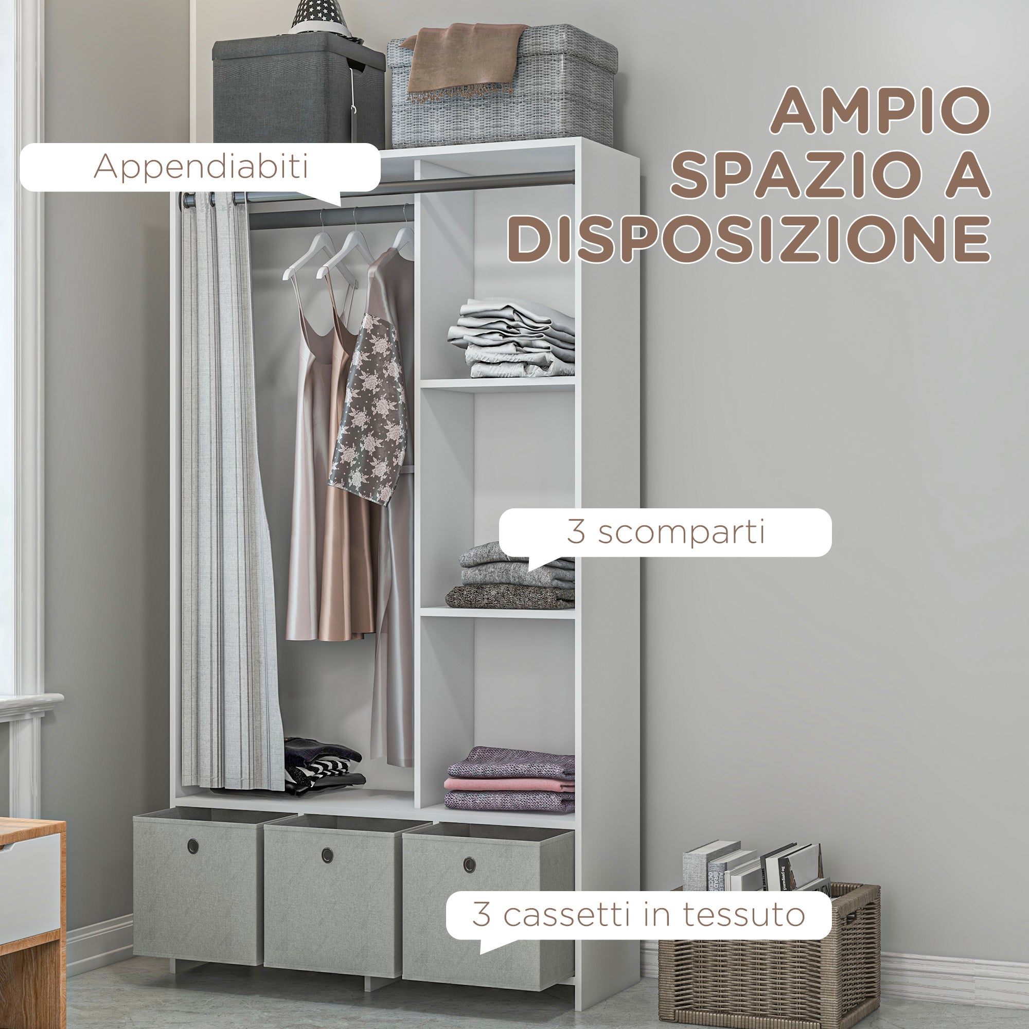 Wardrobe with Hanging Rail, 3 Fabric Drawers and 3 Shelves, 105x48x160 cm, White and Grey