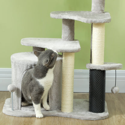 Cat Tree with Playhouse, Bed and Balls, Chipboard, Sisal and Plush, 60x39x87 cm, Light Grey and Cream