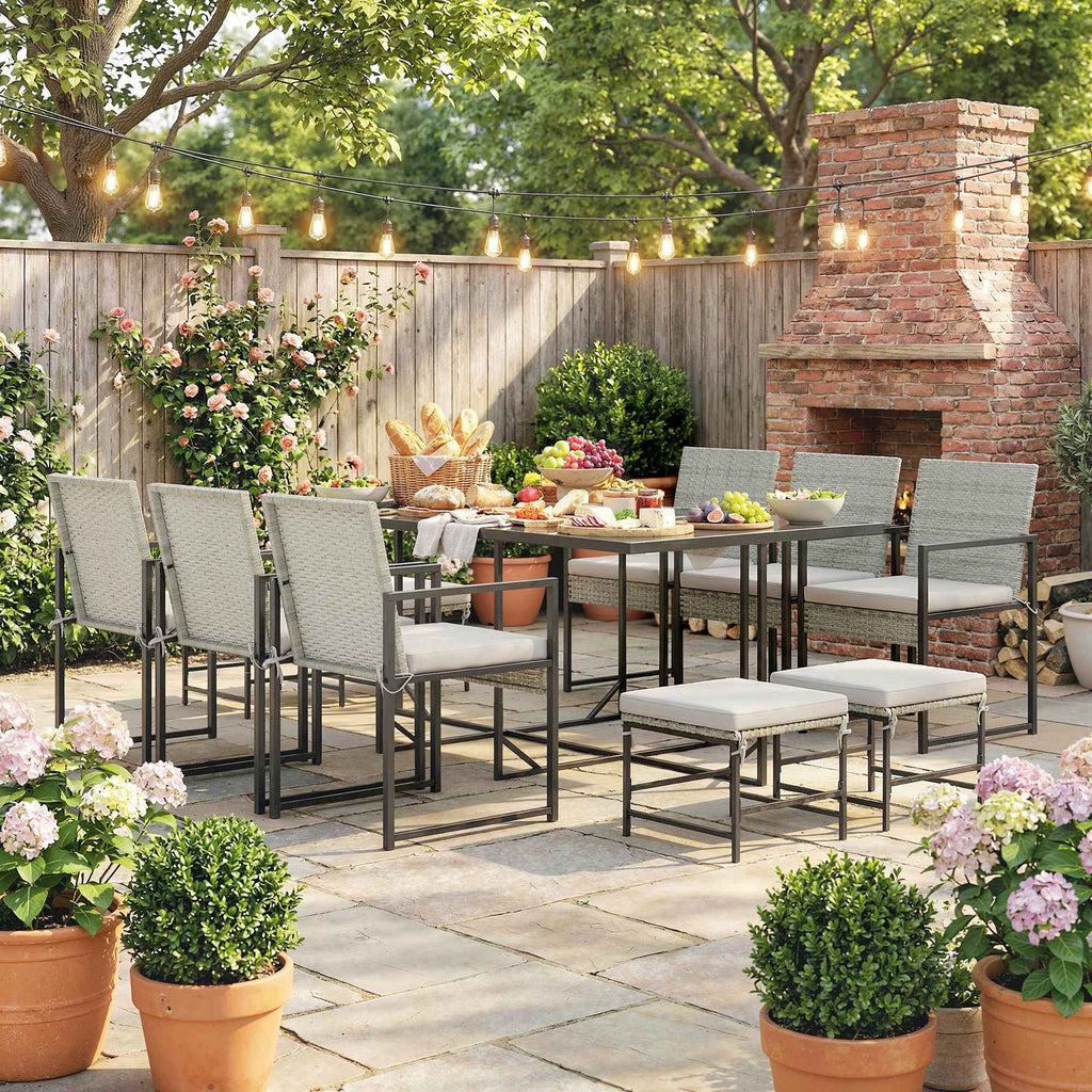Outsunny 11-Piece Patio Dining Set, Outdoor Furniture with 6 Armchairs, 4 Ottomans, Grey