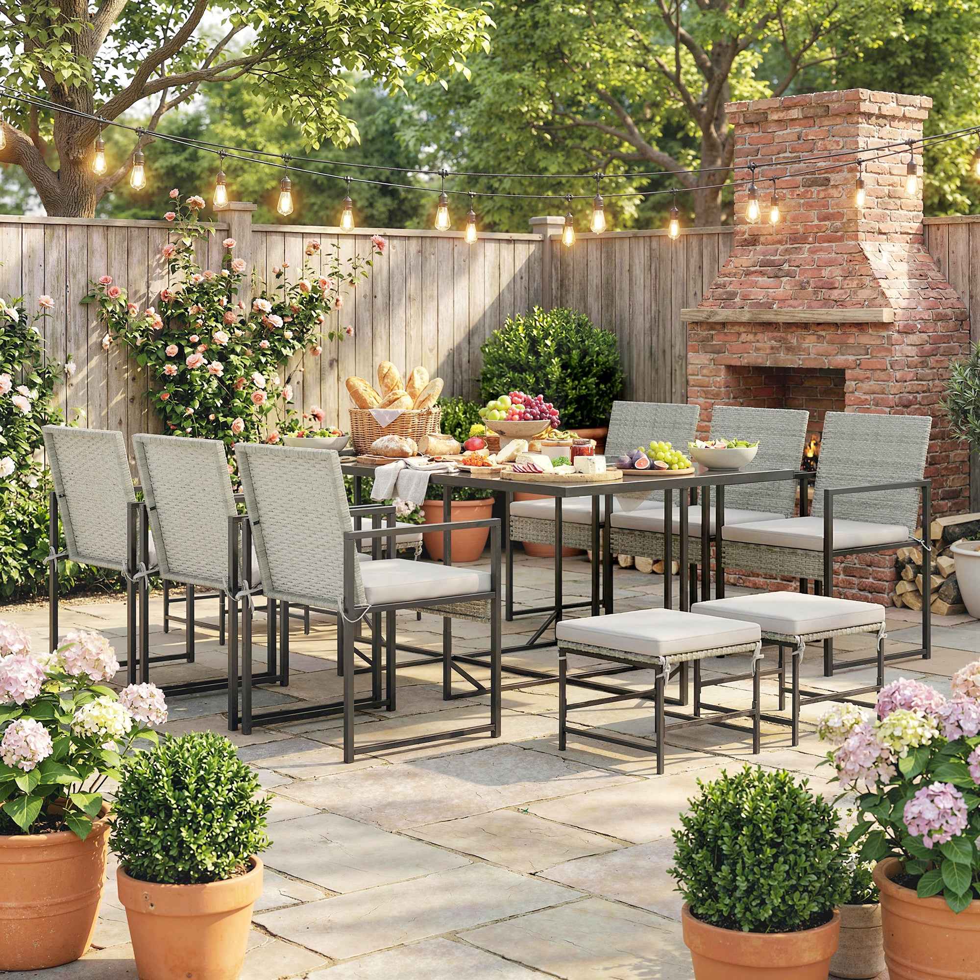 Outsunny 11-Piece Patio Dining Set, Outdoor Furniture with 6 Armchairs, 4 Ottomans, Grey
