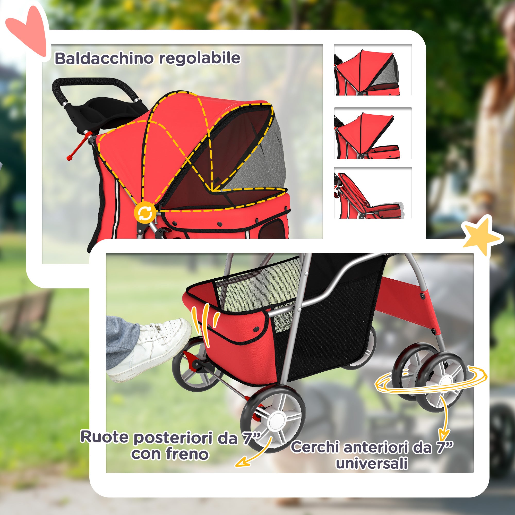 PawHut Folding Dog Stroller with Reflectors, Swivel Wheels, Brakes, and Washable Cushion, Red