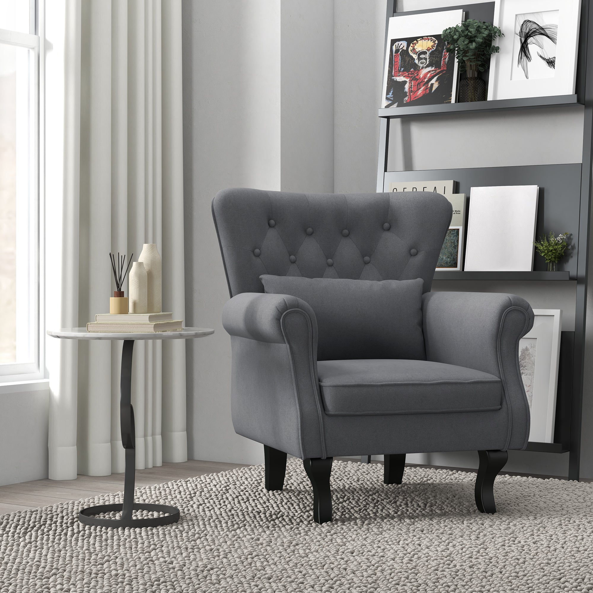 Homcom Vintage Living Room Armchair In Fabric With Lumbar Cushion and Padding, Dark Gray - Borgè