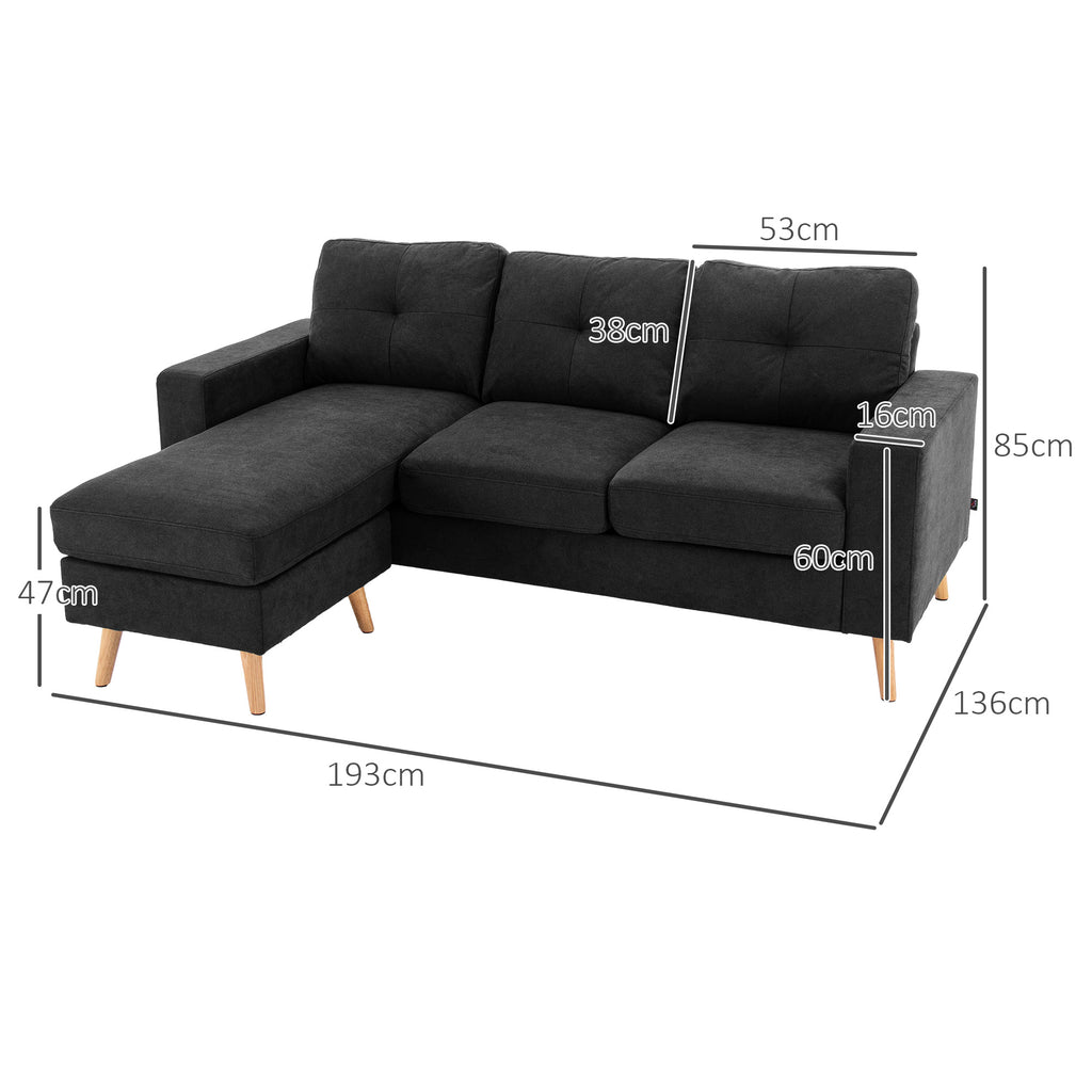 3 Seater Corner Sofa with Reversible Peninsula and Cushions, in Linen Effect Fabric, 193x136x85 cm, Black