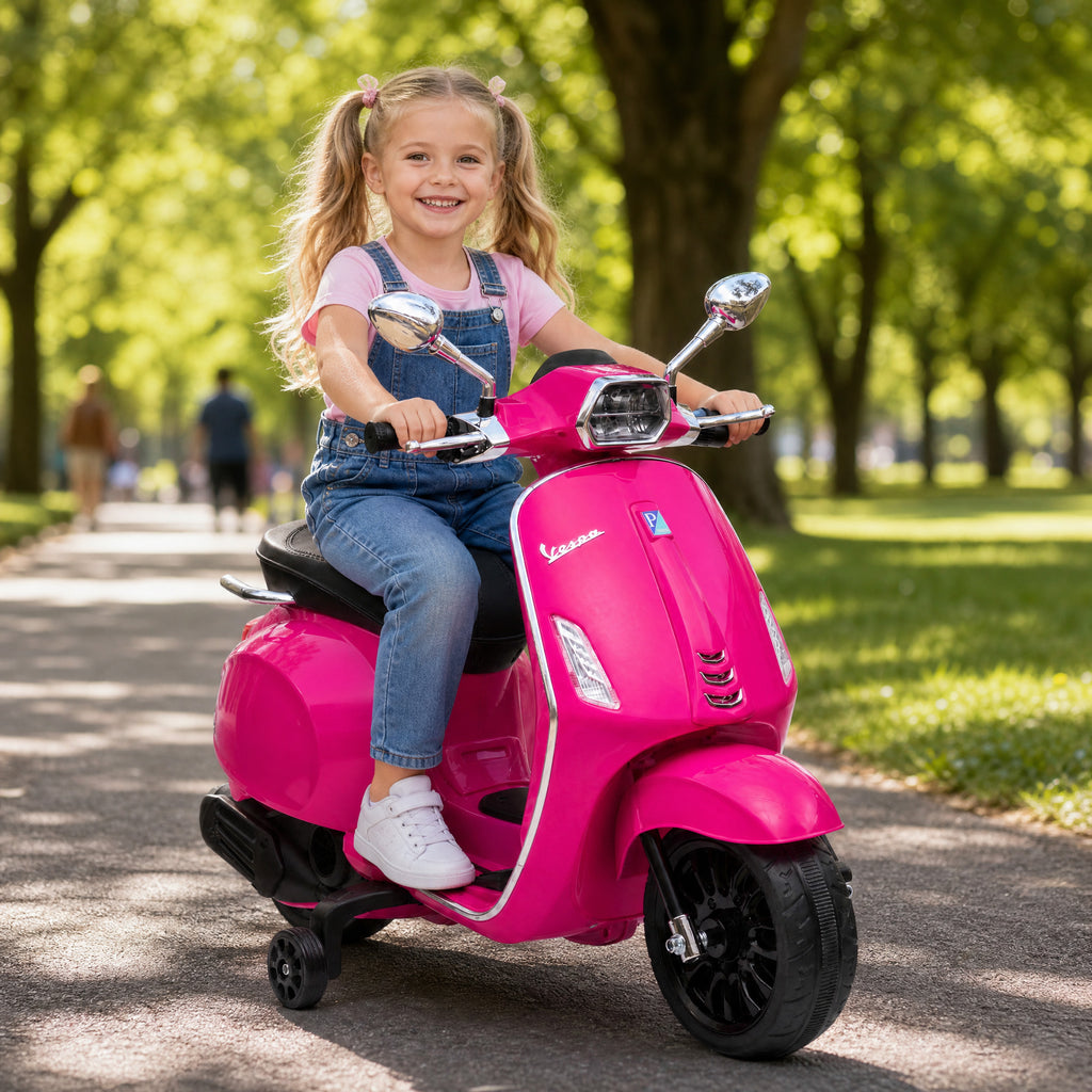 AIYAPLAY Licensed Children's Electric Motorcycle Vespa with Training Wheels, Headlight and Music, Made of PP and Metal, 107x47x73 cm, Pink