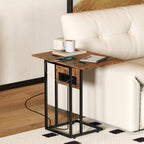 Expandable C-Shaped Coffee Table with 2 Charging Stations, Wood and Metal, 39x29x57 cm, Black and Brown