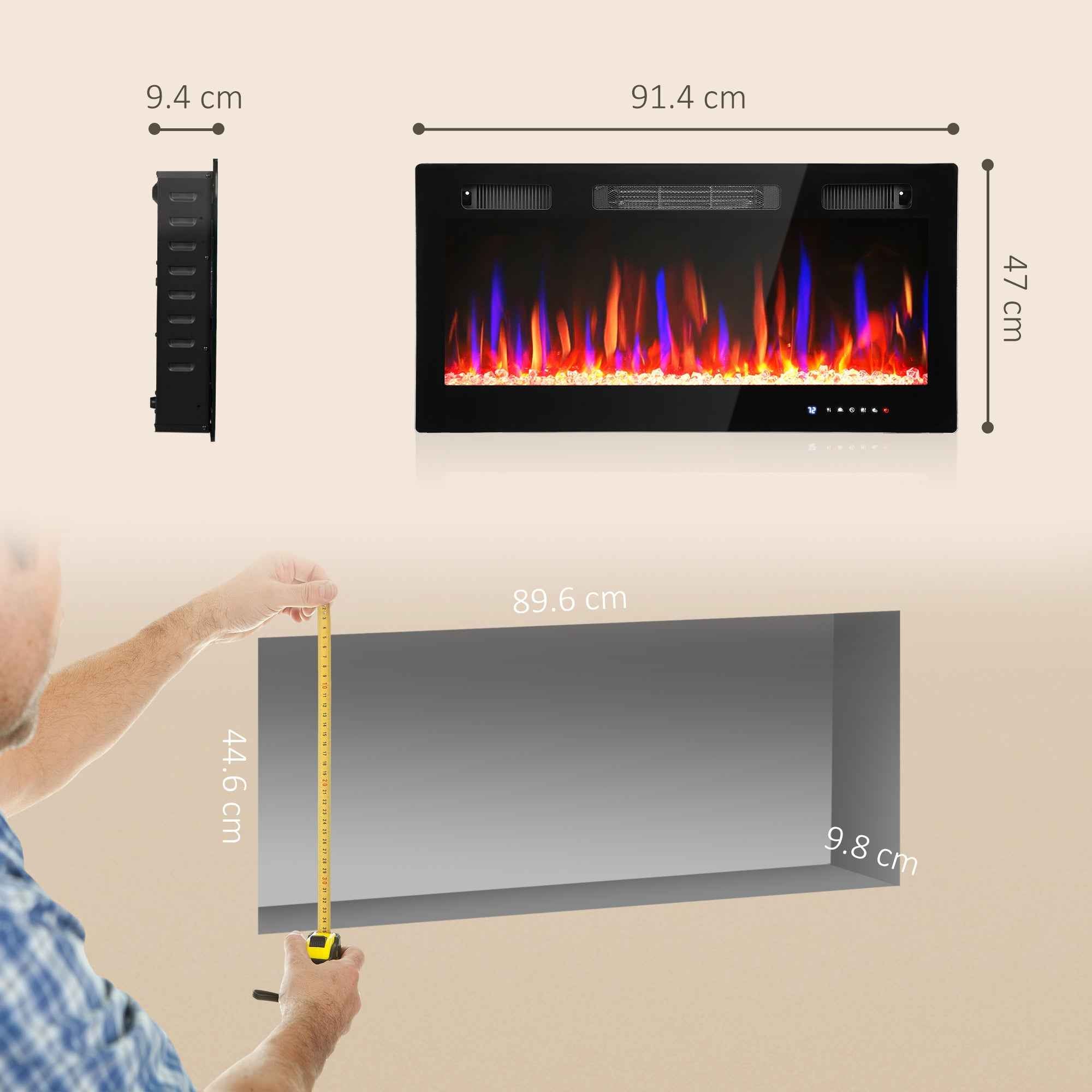 HOMCOM Built-in or Wall-Mounted Electric Fireplace with Adjustable Temperature, Steel and Glass, 91.4 x 9.4 x 47 cm, Black