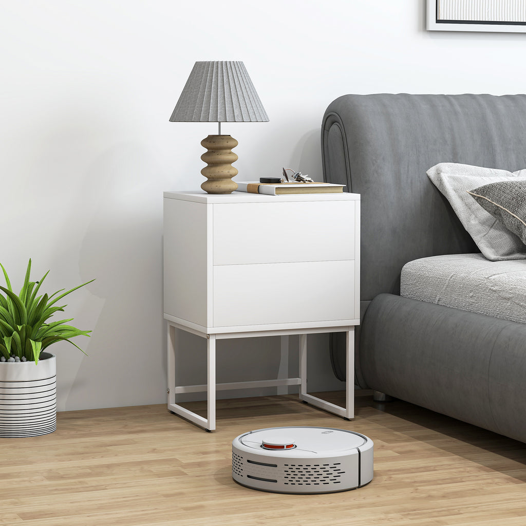 Modern 2-Drawer Bedside Table with Push-Opening, MDF and Steel, 40x30x50 cm, White