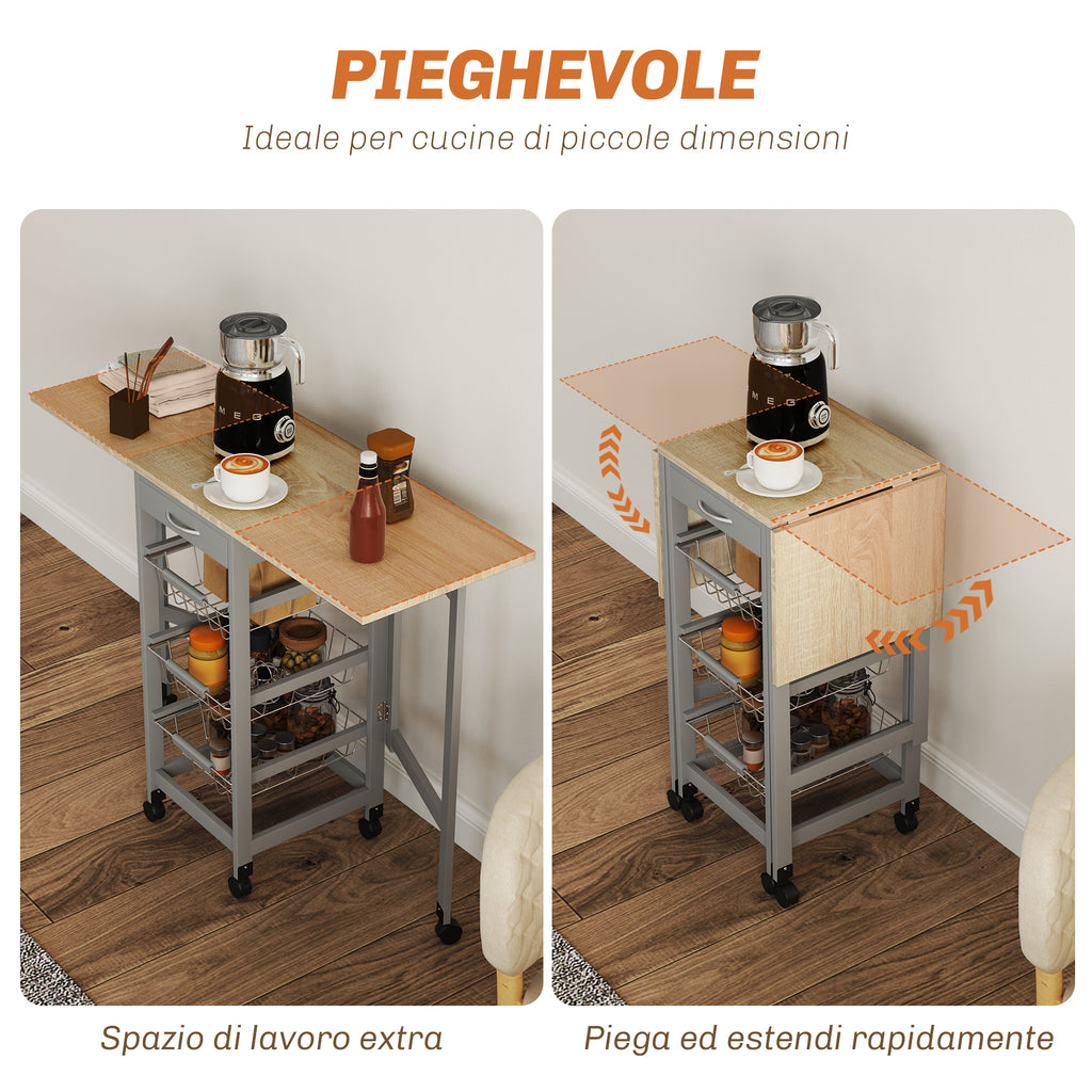 Kitchen Trolley with 3 Baskets, Drawer and 2 Flaps, in Wood and Metal, 37x37x77.5 cm, Grey and Oak
