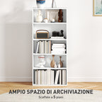 5-Shelf Bookcase Cabinet with 3 Flexible Shelves, in Wood, 60x24x133.5 cm, White