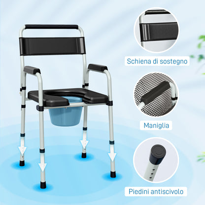 Folding and Adjustable Toilet Chair with Armrests and Backrest, Steel and PU Leather, 52.5x46x81.5-97 cm, Black