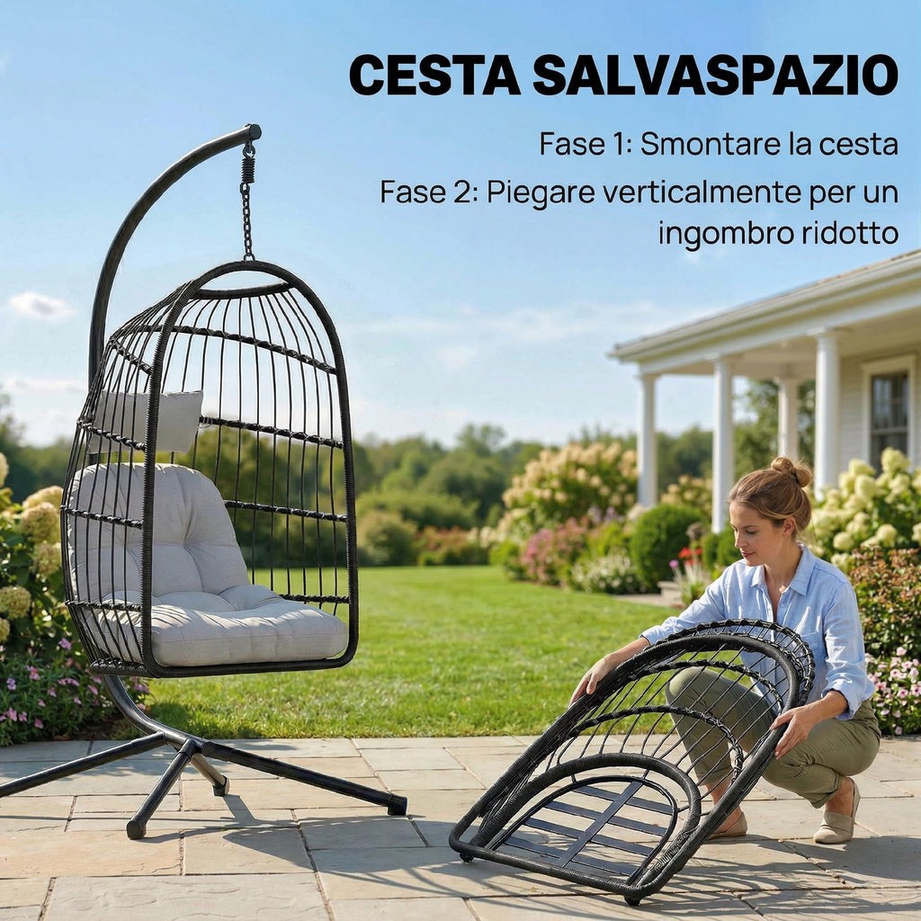 Outsunny Hanging Egg Chair with Stand and Safety Strap, 105x101x196 cm, Black and Light Grey