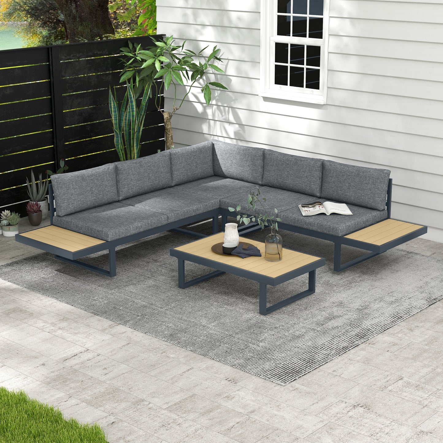 4-piece garden set in aluminum with 2 sofas, corner armchair and coffee table, gray and teak - Borgè