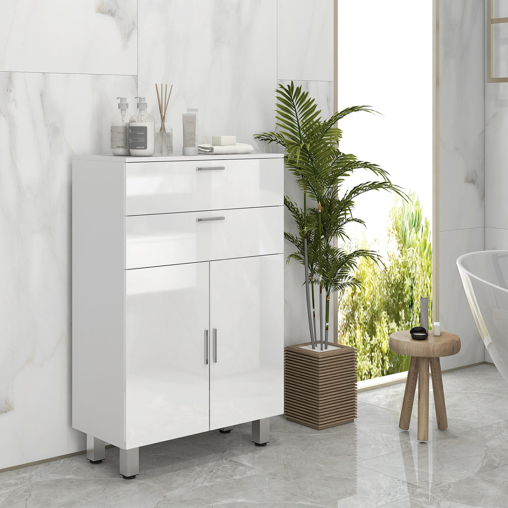 kleankin Bathroom Cabinet with 2 Drawers and Cabinet with Adjustable Shelf, Wooden, 60x30x93 cm, White