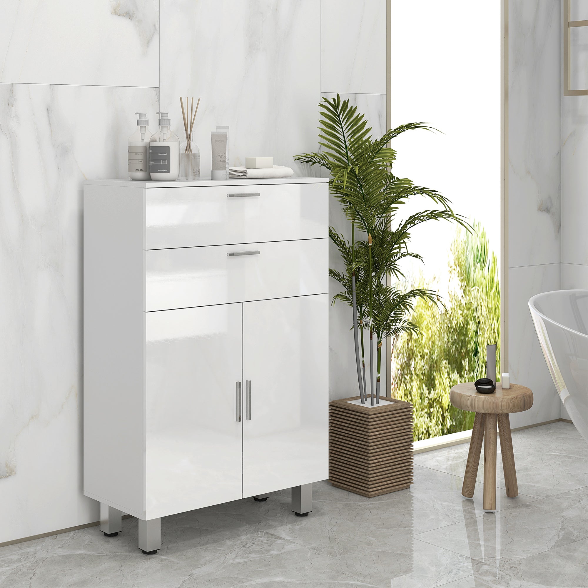kleankin Bathroom Cabinet with 2 Drawers and Cabinet with Adjustable Shelf, Wooden, 60x30x93 cm, White