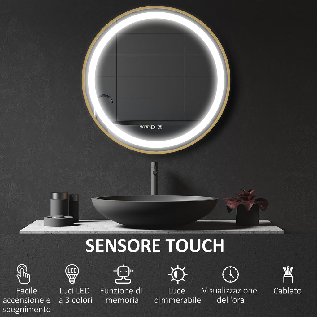 Bathroom Mirror with LED Light, 3-Tone Adjustable Brightness and Memory Function, Ø60 cm, Gold