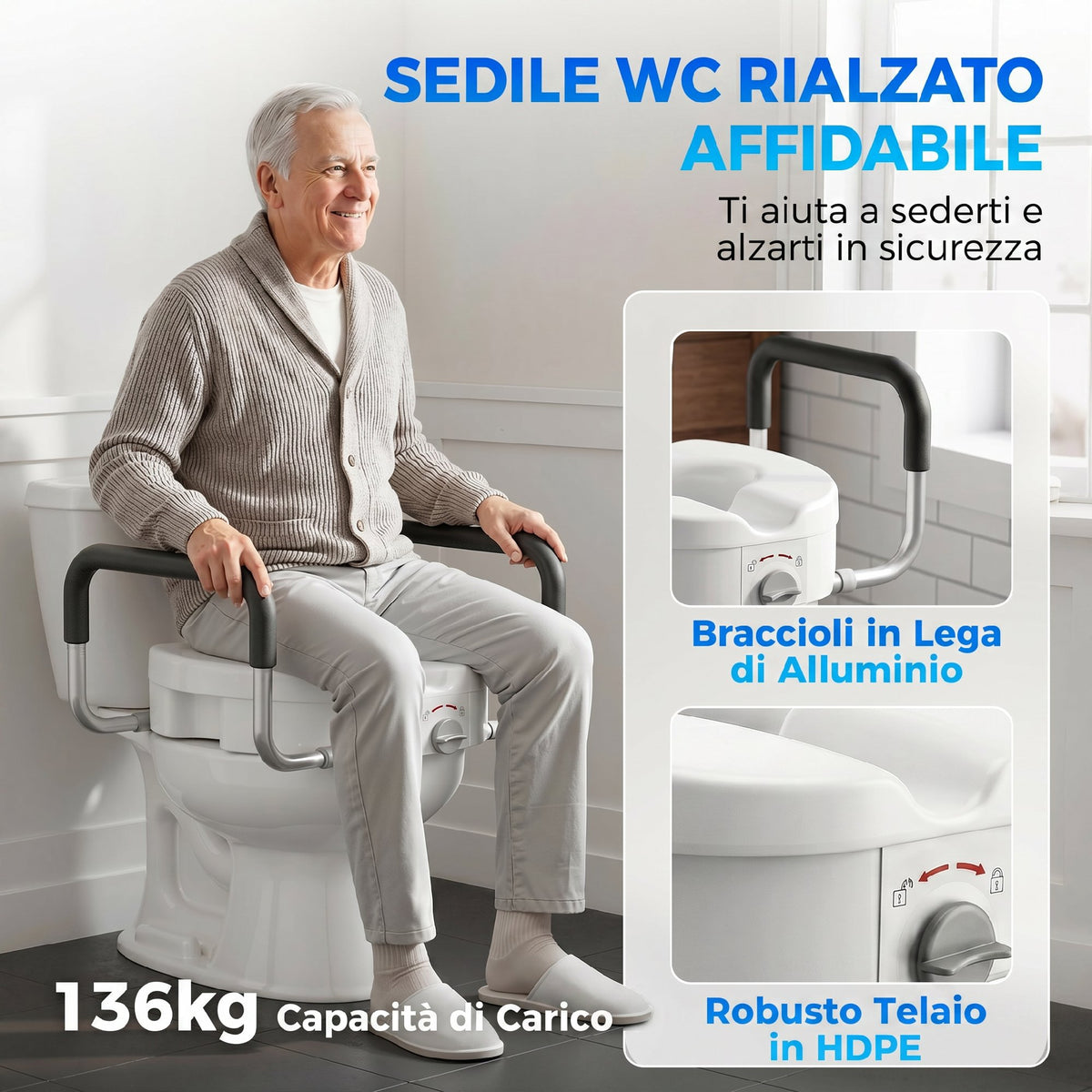 HOMCOM HDPE Toilet Seat Raiser for the Elderly with Non-Slip Handles, Adjustable Width, 136kg Capacity, White