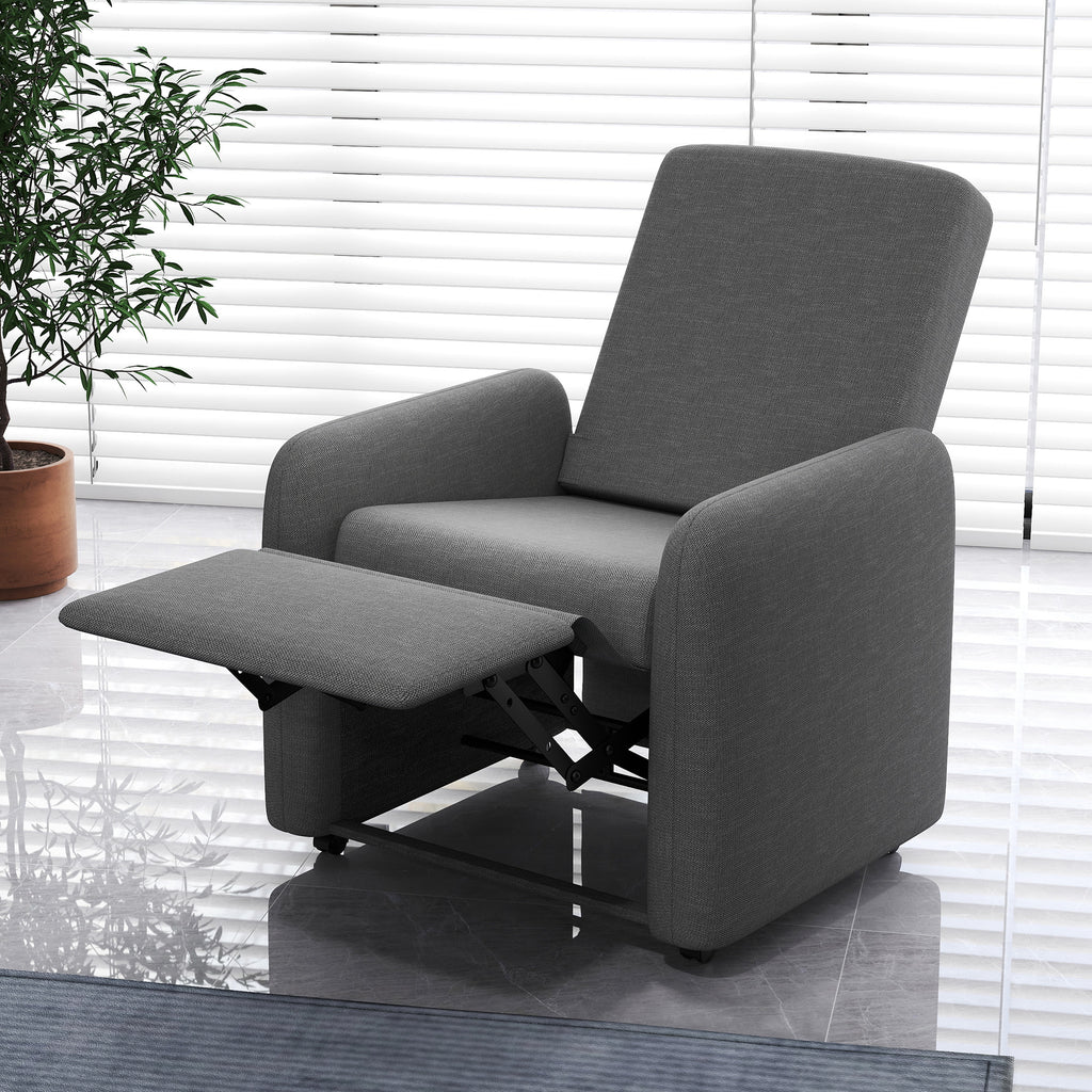 Reclining Armchair 115° max with Footrest and 4 Wheels, in Polyester and Wood, 76x78.5x102 cm, Gray