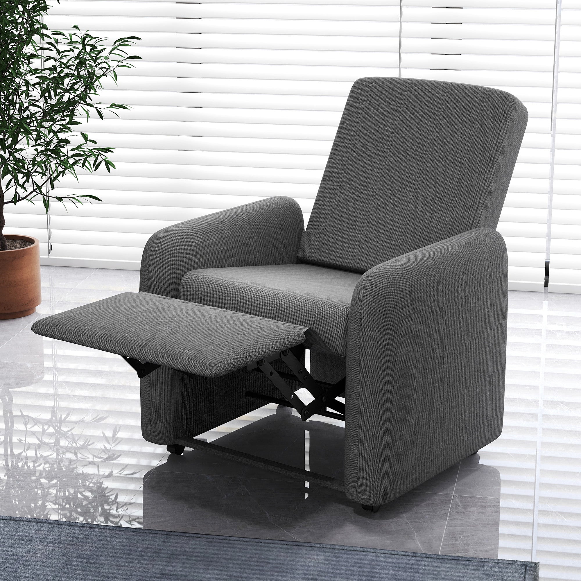 Reclining Armchair 115° max with Footrest and 4 Wheels, in Polyester and Wood, 76x78.5x102 cm, Gray