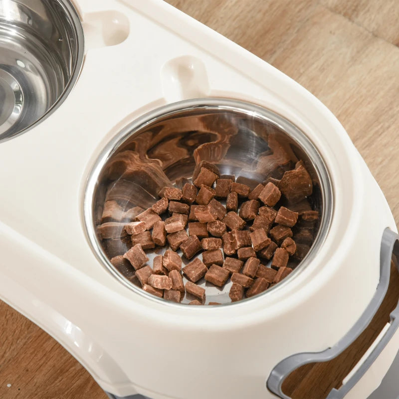 Double Raised Dog Bowl in Stainless Steel and Plastic with Non-Slip Feet, 47x25x20cm, White and Grey - Borge' Group Limited