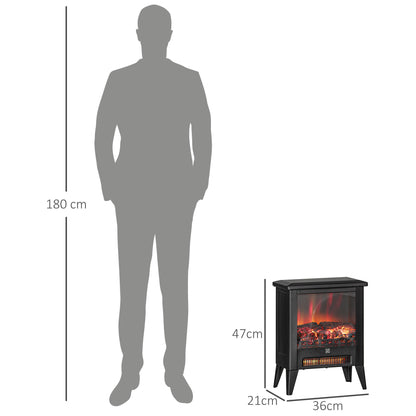 1800W Electric Fireplace with 3 Intensity Flame Effect, in Metal and Glass, 36x21x47 cm, Black