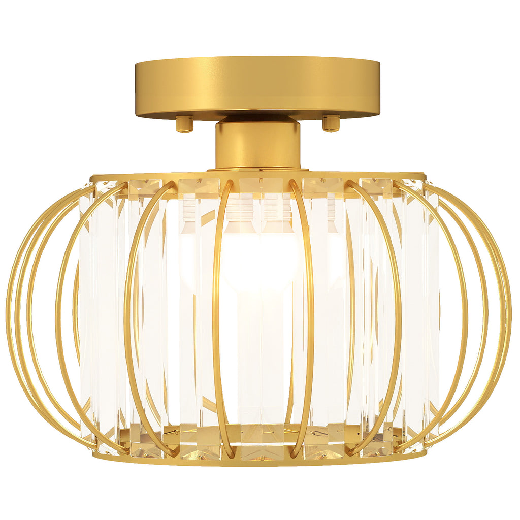 Modern and Minimal LED Cage Ceiling Light with 18 Crystals, Gold Metal, Ø27x19 cm