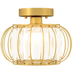 Modern and Minimal LED Cage Ceiling Light with 18 Crystals, Gold Metal, Ø27x19 cm