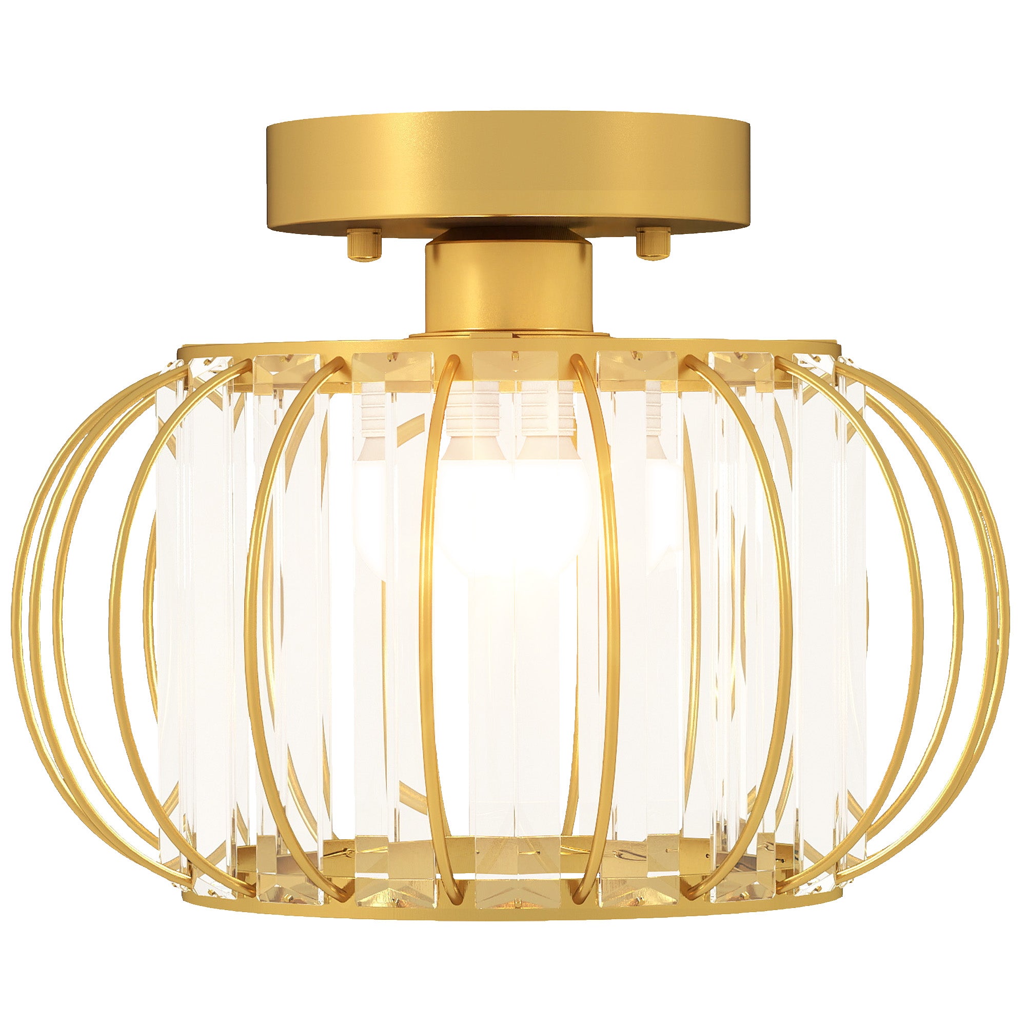 Modern and Minimal LED Cage Ceiling Light with 18 Crystals, Gold Metal, Ø27x19 cm