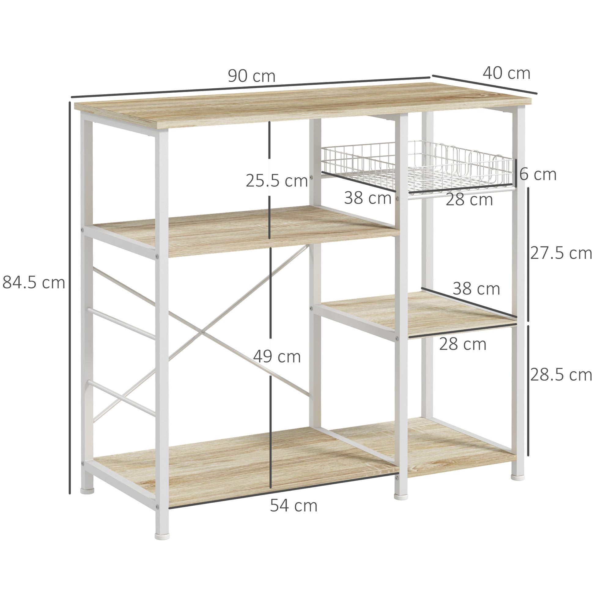 Modern Kitchen Cabinet with 4 Shelves with Basket and Hooks in Wood and Steel, 90x40x84.5cm, Oak and White - Borgè