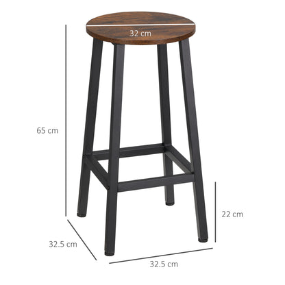 Set of 2 Kitchen Stools in Chipboard and Steel with Smooth Top and Footrest, 32.5x32.5x65 cm, Brown