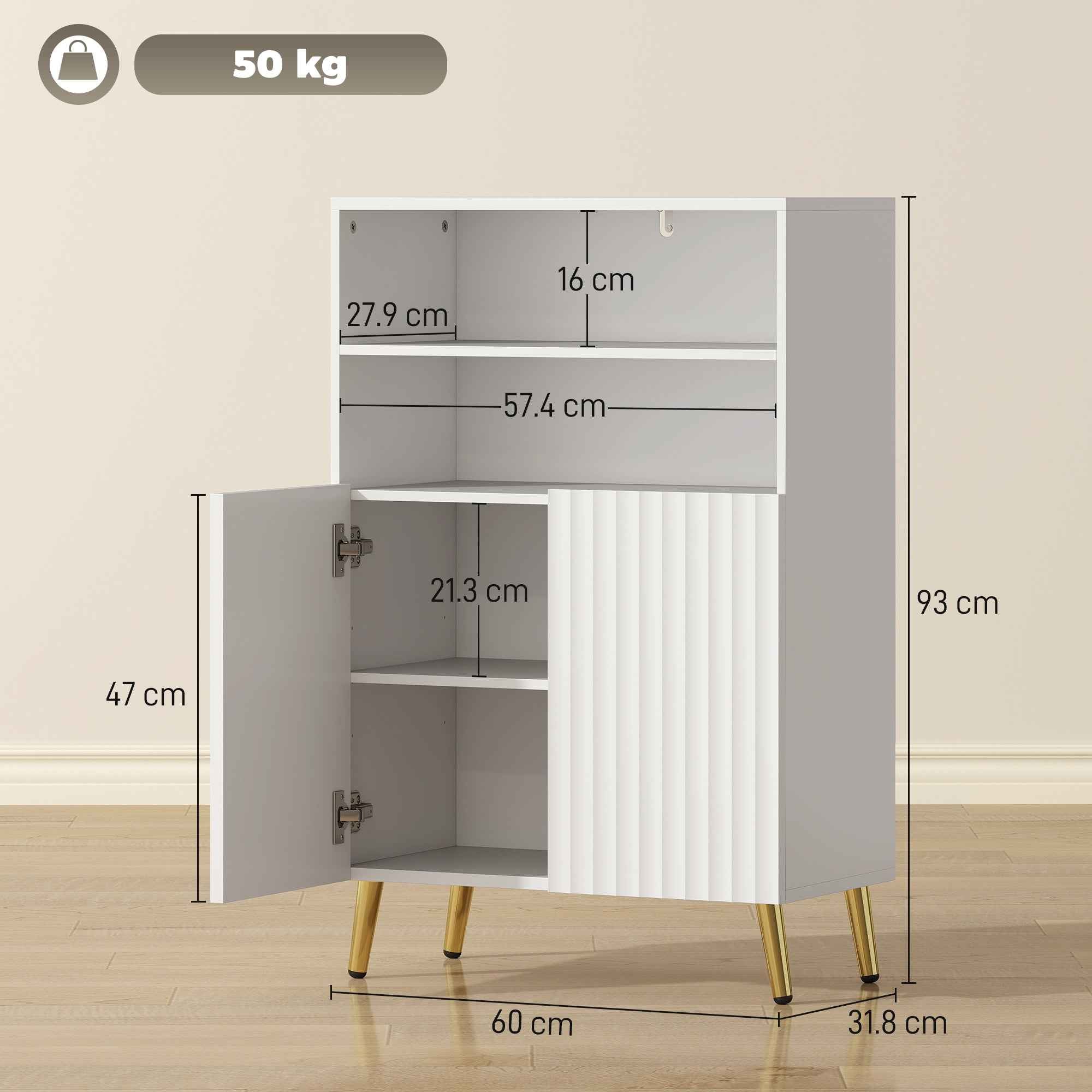 HOMCOM Modern Bathroom Cabinet with 2 Open Shelves and Soft-Close Doors, 60x31.8x93 cm, White