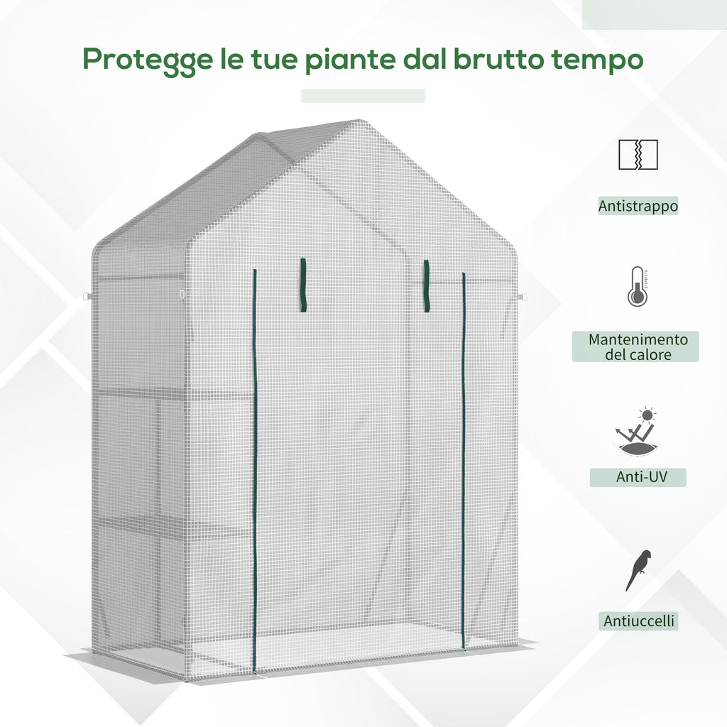 Outsunny Outdoor Garden Greenhouse in PE and Steel with 2 Shelves and Roll-Up Door, 143x73x195 cm, White