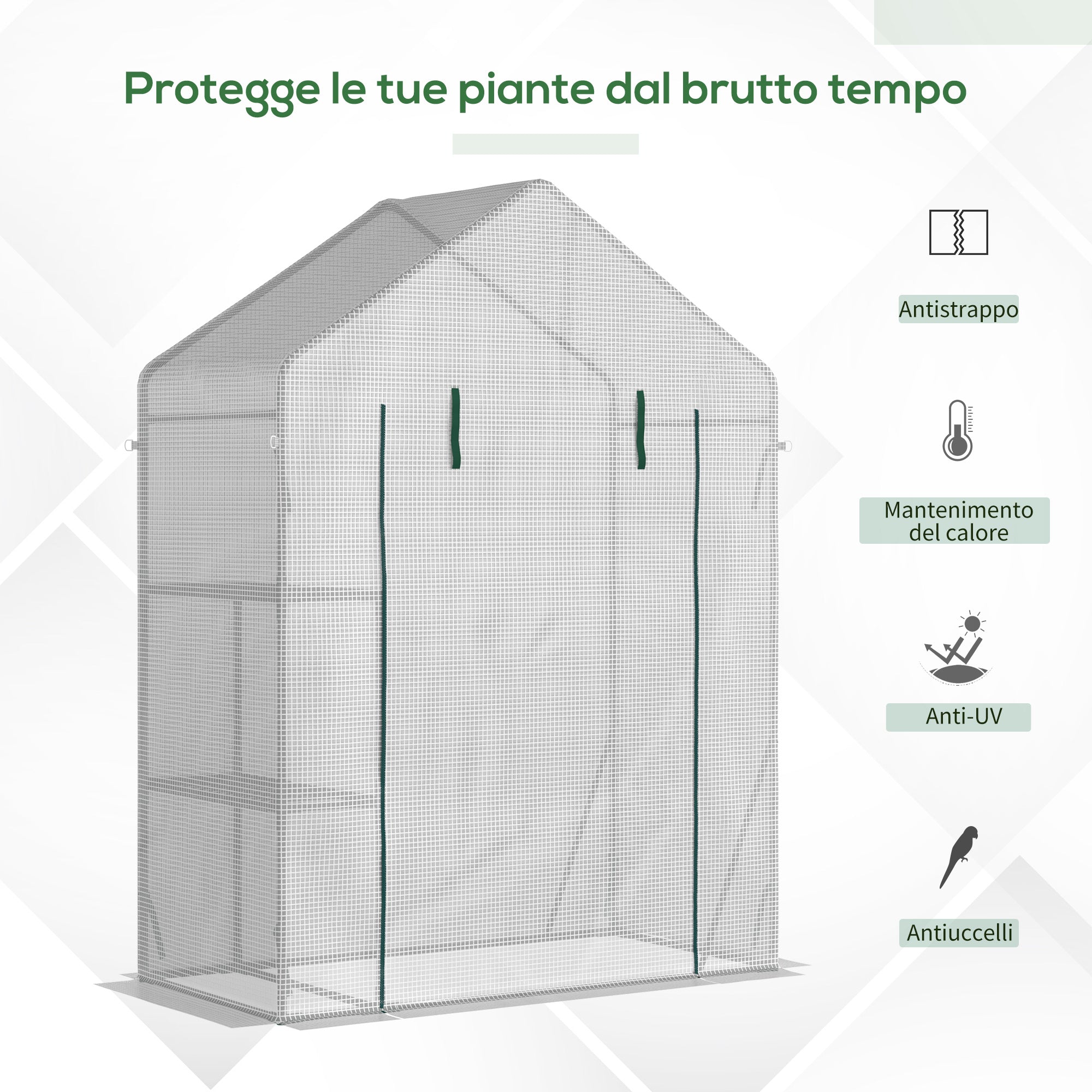 Outsunny Outdoor Garden Greenhouse in PE and Steel with 2 Shelves and Roll-Up Door, 143x73x195 cm, White