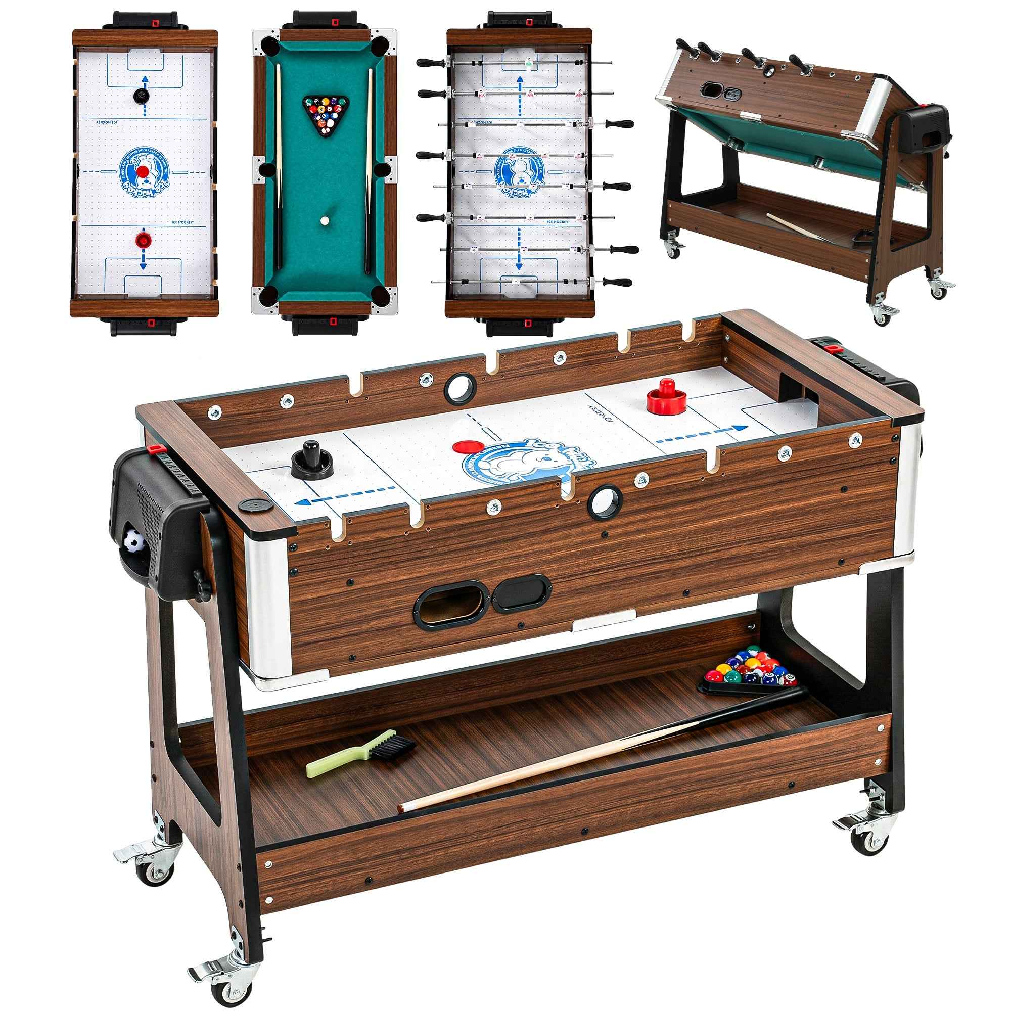 SPORTNOW 3-in-1 Table: Air Hockey, Pool Table, Table Football, Lockable Wheels, Shelf