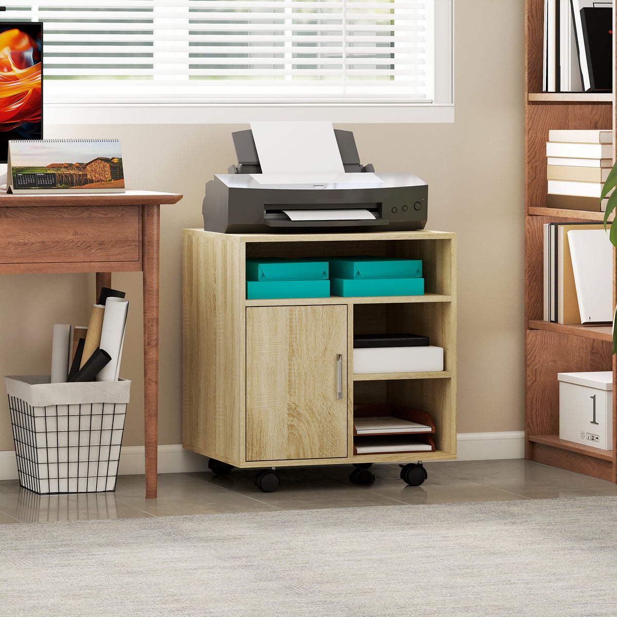 HOMCOM Printer Cabinet with Open Shelves and Wooden Cabinet, 60x50x65.5cm, Wood Color