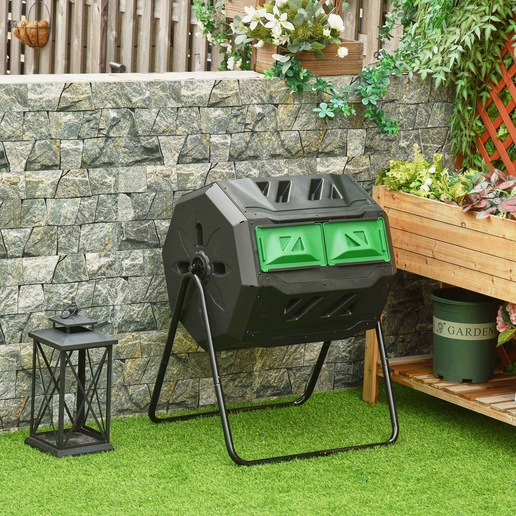 Outsunny 2-Section Rotating Garden Composter with 8 Air Vents, Steel and PP, 71x65x96 cm, Black