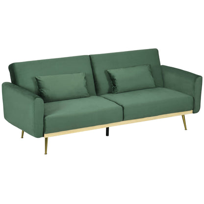 LASKA - 3 Seater Sofa Bed with Click Clack Design and 2 Cushions, in Velvet Effect Fabric, 206x81x83 cm, Green