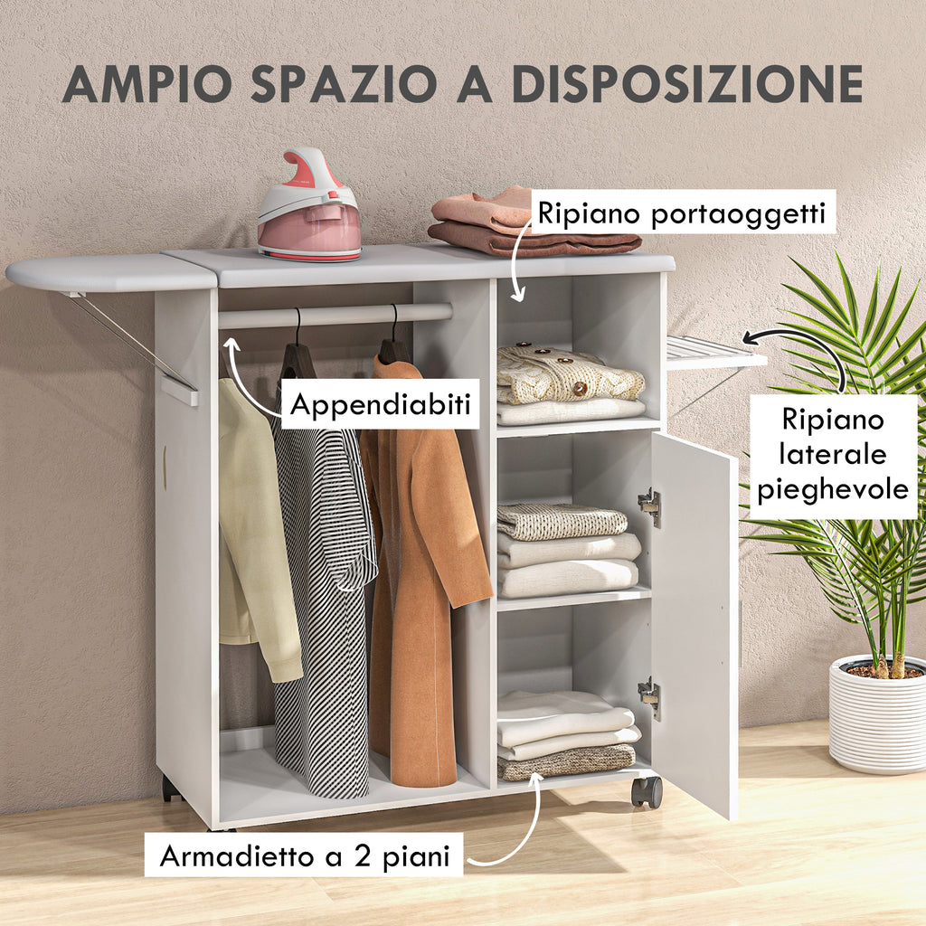 Mobile Ironing Board with Shelf, 3 Cube Shelves and Guide, 107x42.5x99cm, White - Borgè