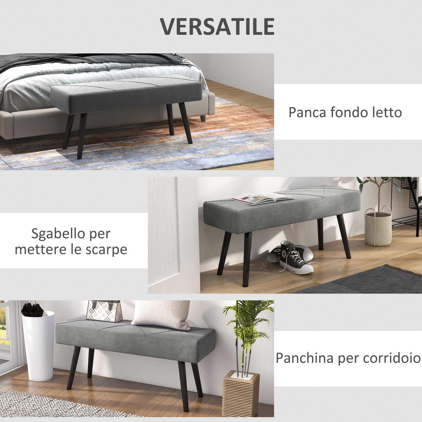 Velvet Upholstered Bench with Steel Legs, 100x36x45cm, Grey - Borgè