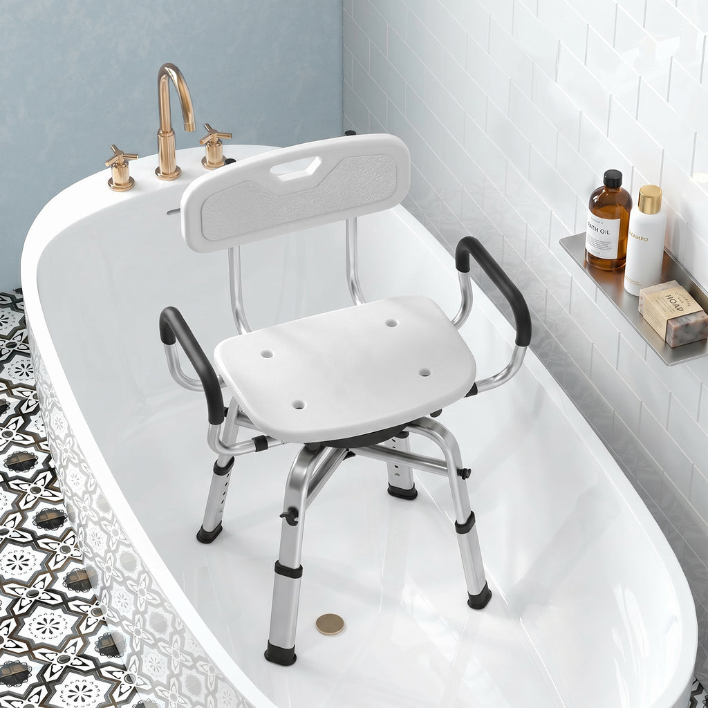 HOMCOM Height-Adjustable Swivel Shower Chair with Armrests, Backrest, 150kg Capacity, White