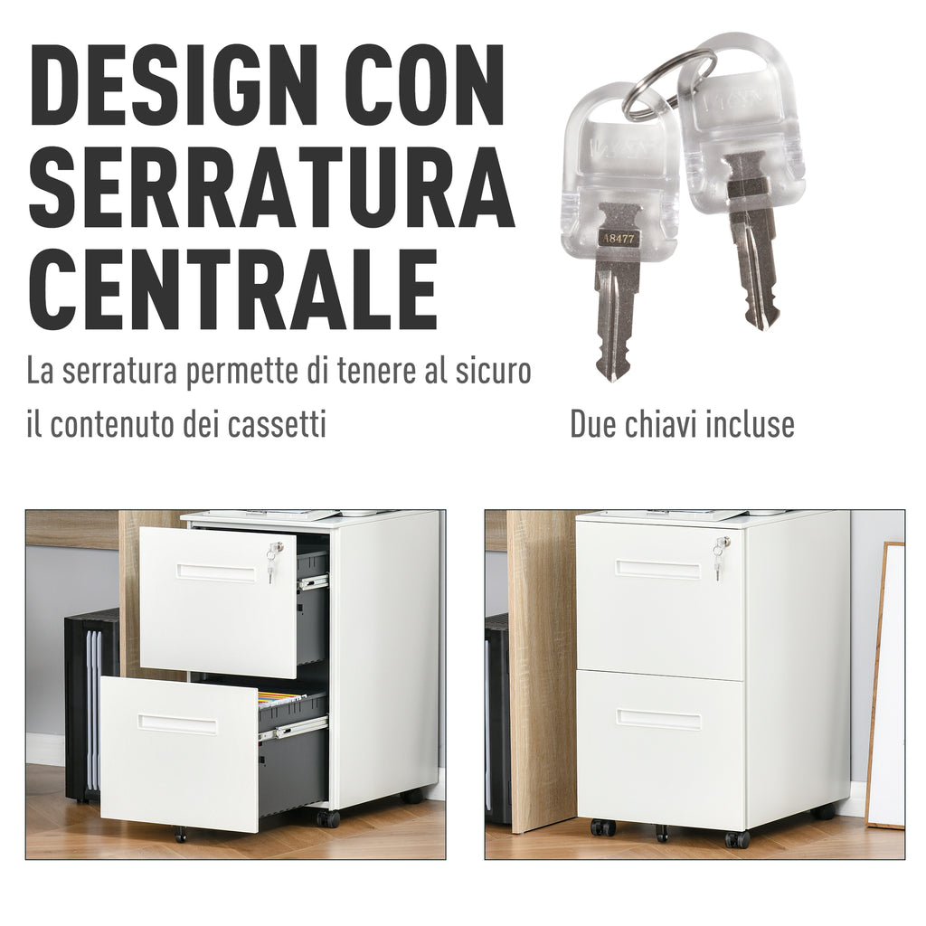Office Drawer Cabinet with Wheels, 2-Drawer File Cabinet with Lock and 2 Keys in Steel, 39x48x67cm, White