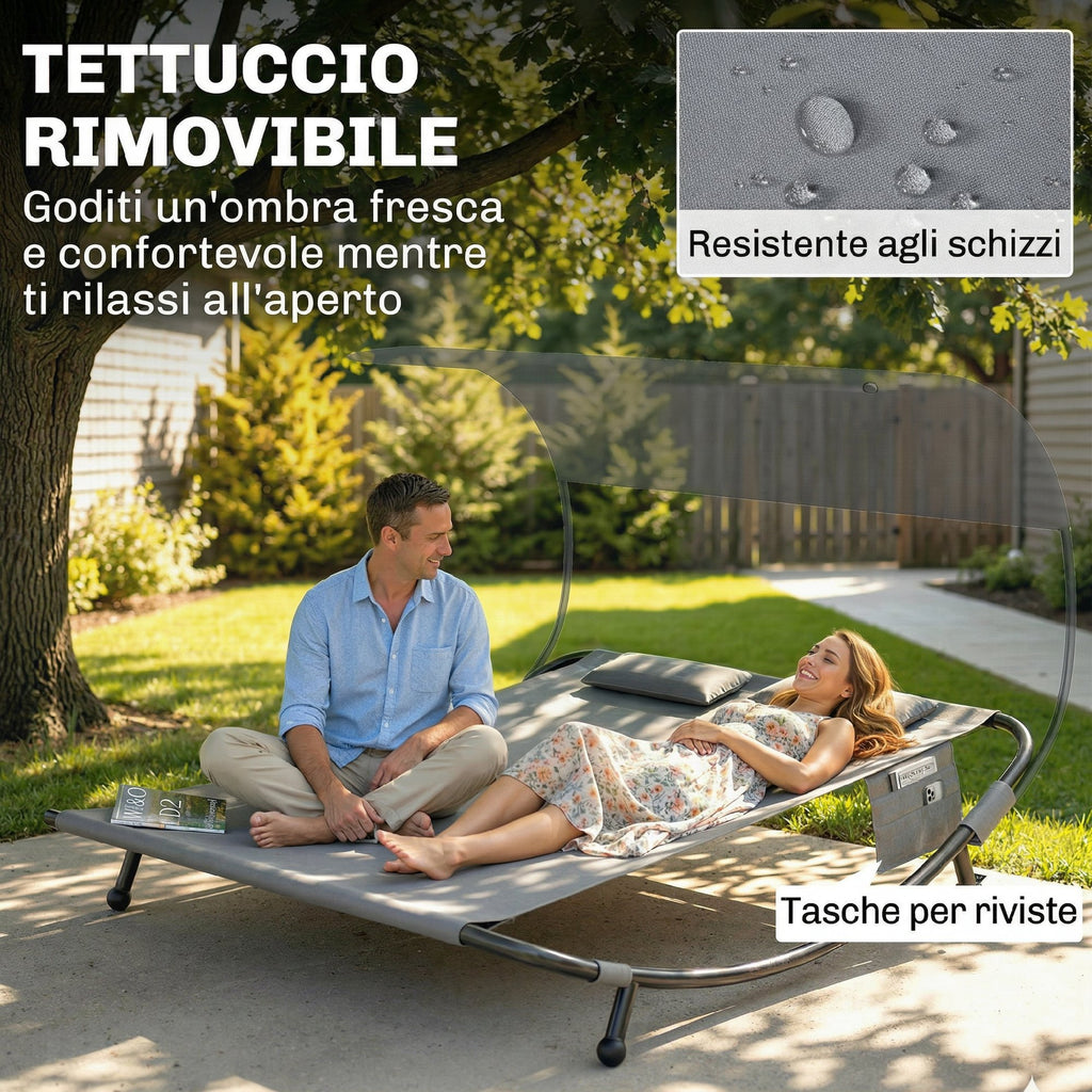 Outsunny Double Sun Lounger with Removable Canopy, Wheels, Cushions and Pockets, Grey
