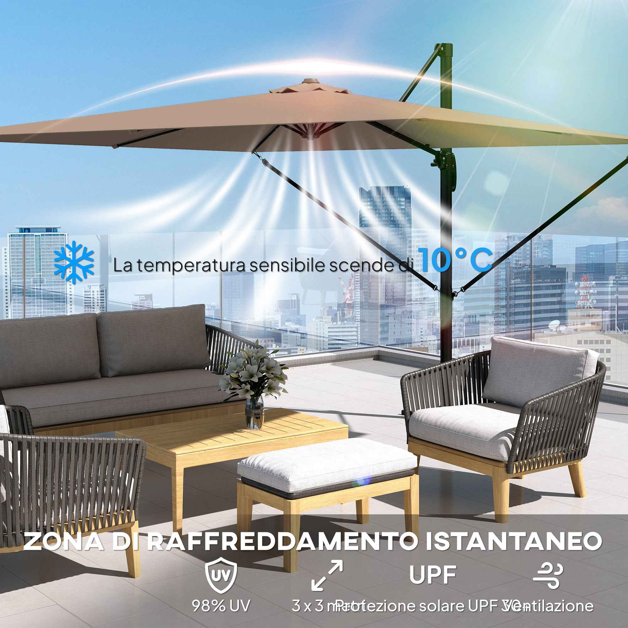 Outsunny 3x3m Off-Center Garden Umbrella with Cross Base and Cover, Aluminum, Khaki