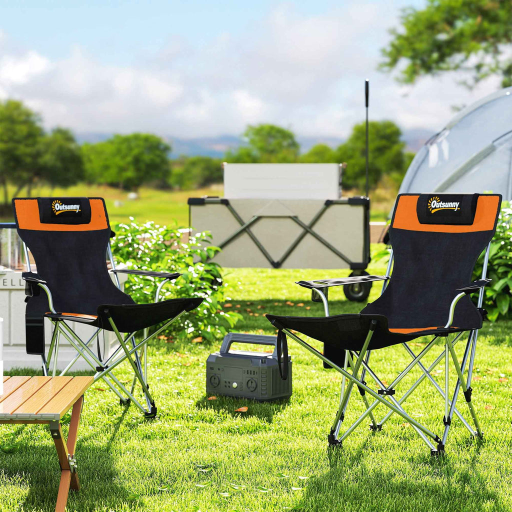 Outsunny Set of 2 Folding Camping Chairs with Footrest and Cup Holder, 82x50/100x88 cm, Black and Orange