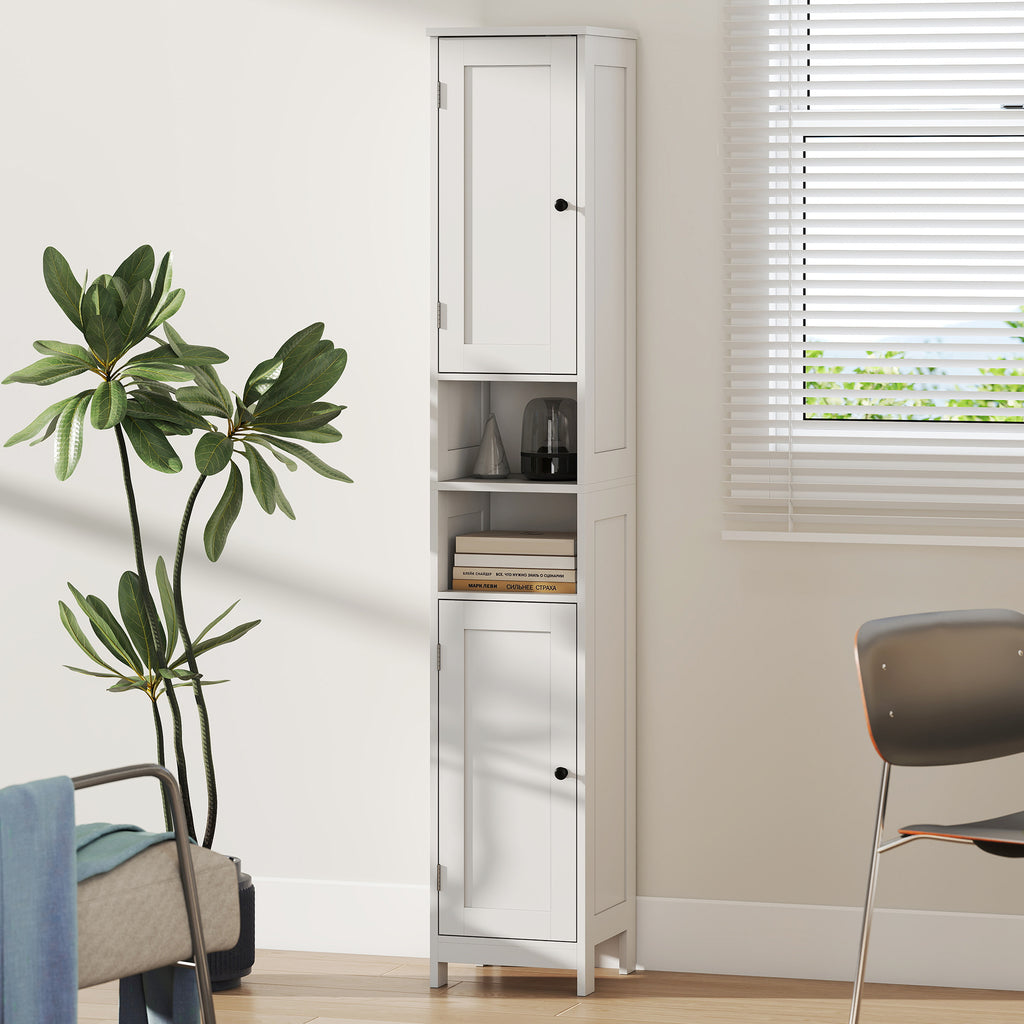 Tall Bathroom Cabinet with 2 Open Shelves and 2 Adjustable Shelving Cabinets, Wooden, 30x30x170 cm, White