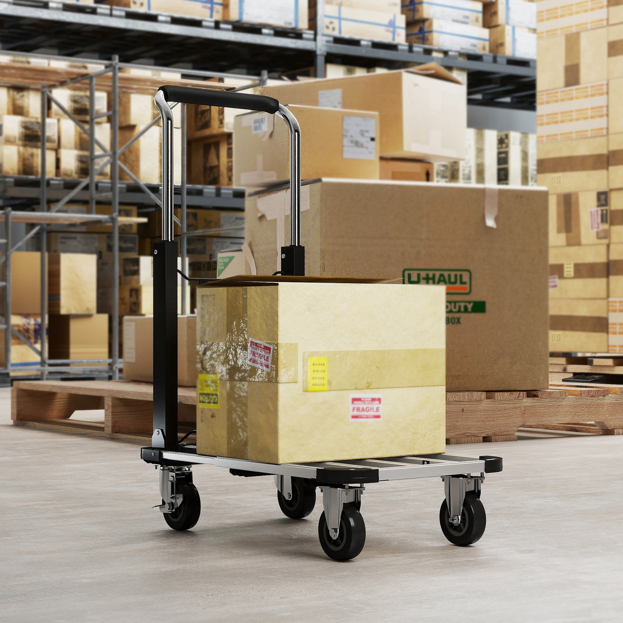 Folding Luggage Cart with Extendable Platform, 150 kg Capacity, Adjustable Handle, Silver