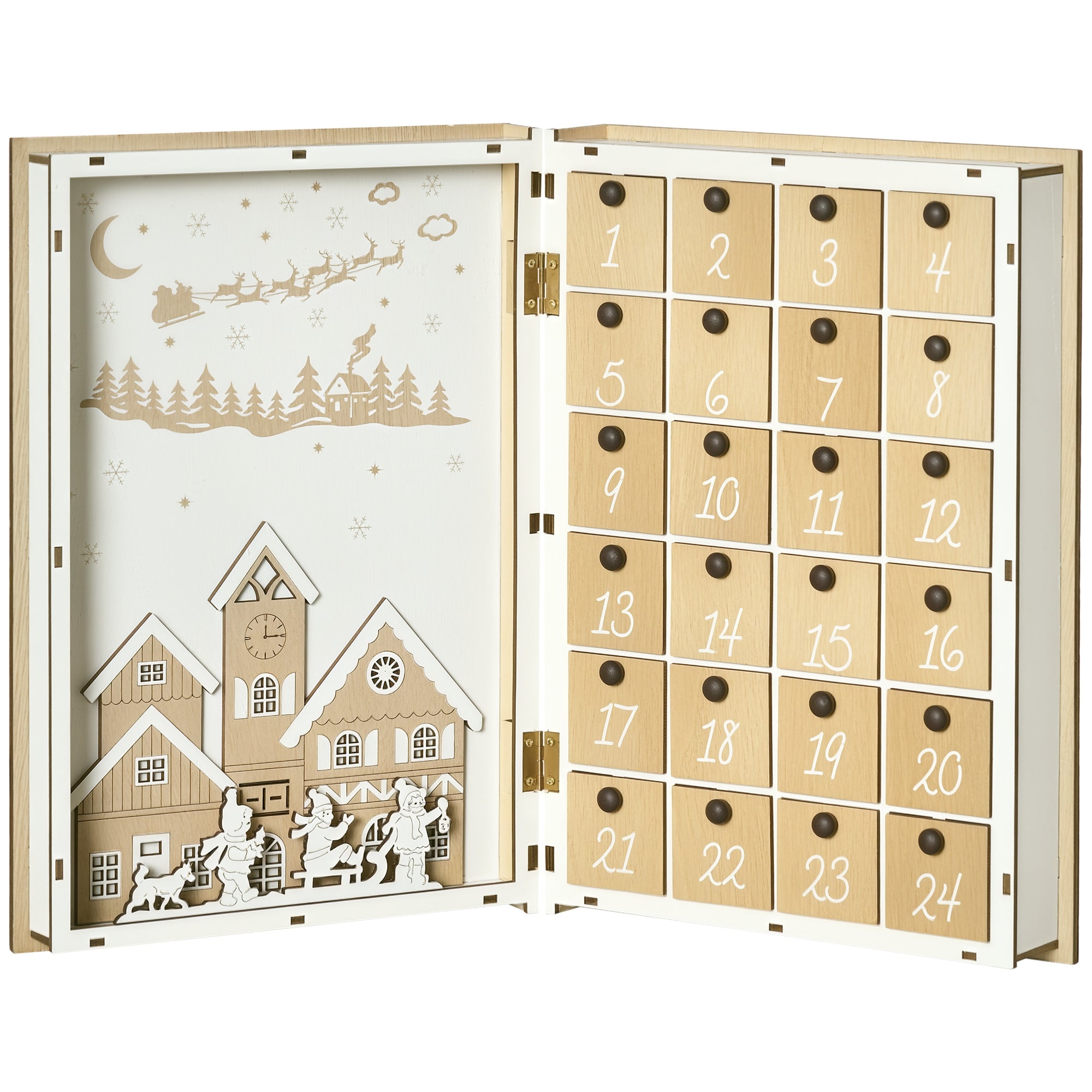 Wooden Christmas Advent Calendar in the Shape of a Book with Christmas Themes, 22x7x32 cm, White and Wood Color