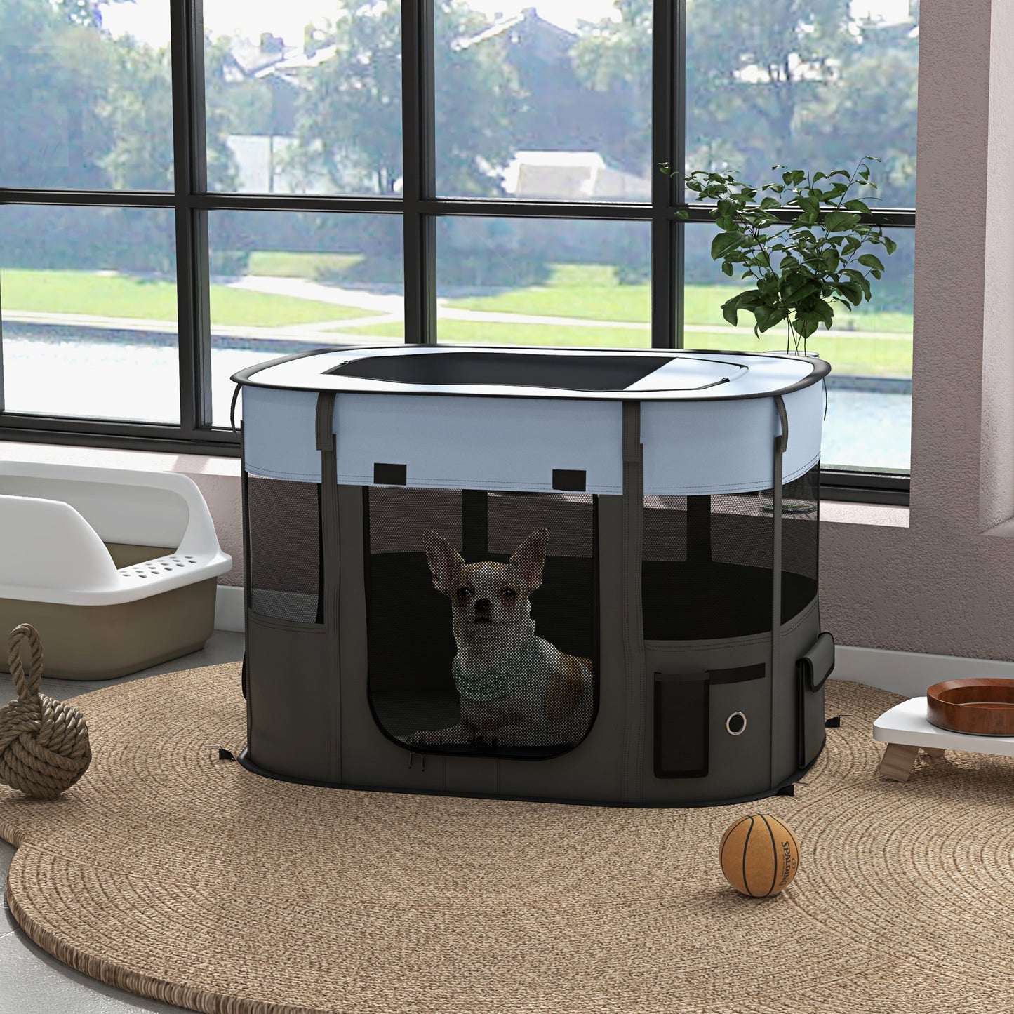 PawHut Playpen for Animals with 7 Windows, 3 Doors and 2 Storage Bags, in Polyester and Steel, 84x64x53 cm - Borgè