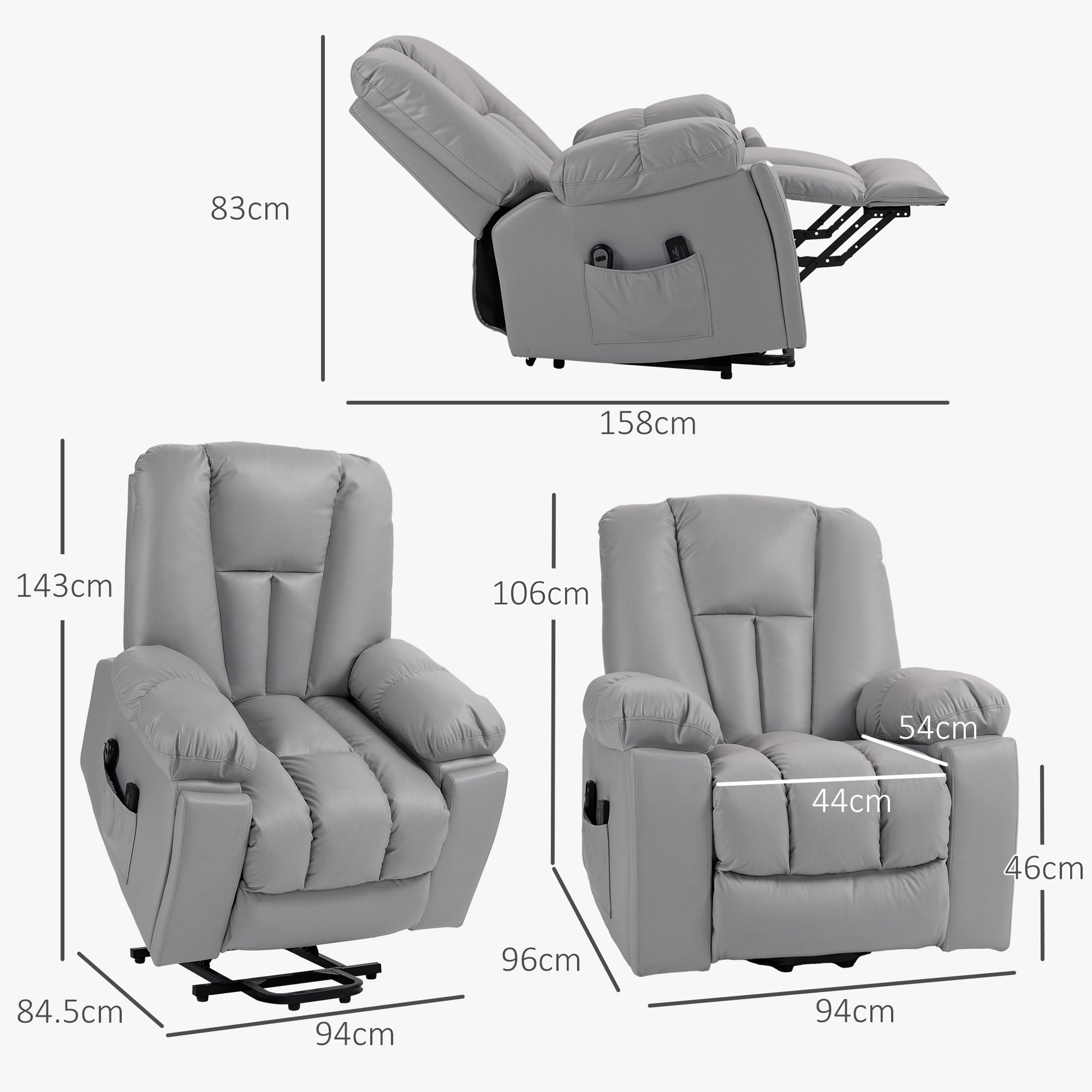 HOMCOM Reclining Lift Chair with 8 Massage Points and Remote Control, in Microfibre, 94x96x106 cm, Gray - Borgè