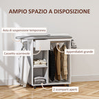 Mobile Ironing Board with Wheels and Iron Holder, Clothes Bar, Drawer and Shelves, 125x43.5x112cm, White