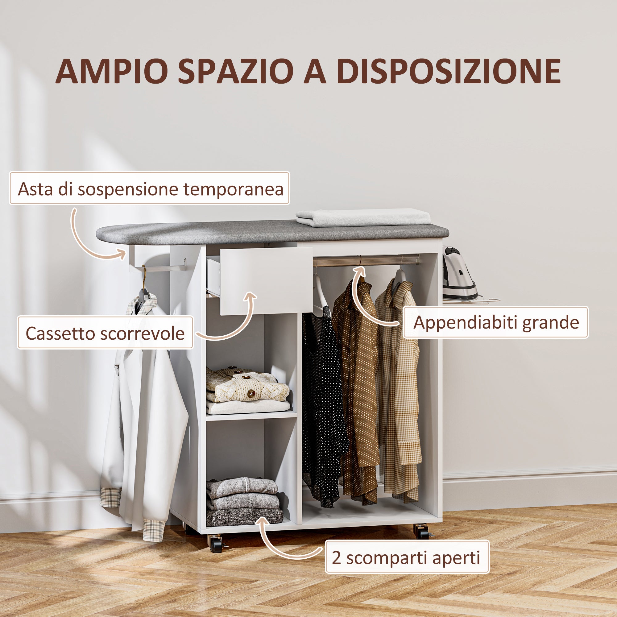 Mobile Ironing Board with Wheels and Iron Holder, Clothes Bar, Drawer and Shelves, 125x43.5x112cm, White